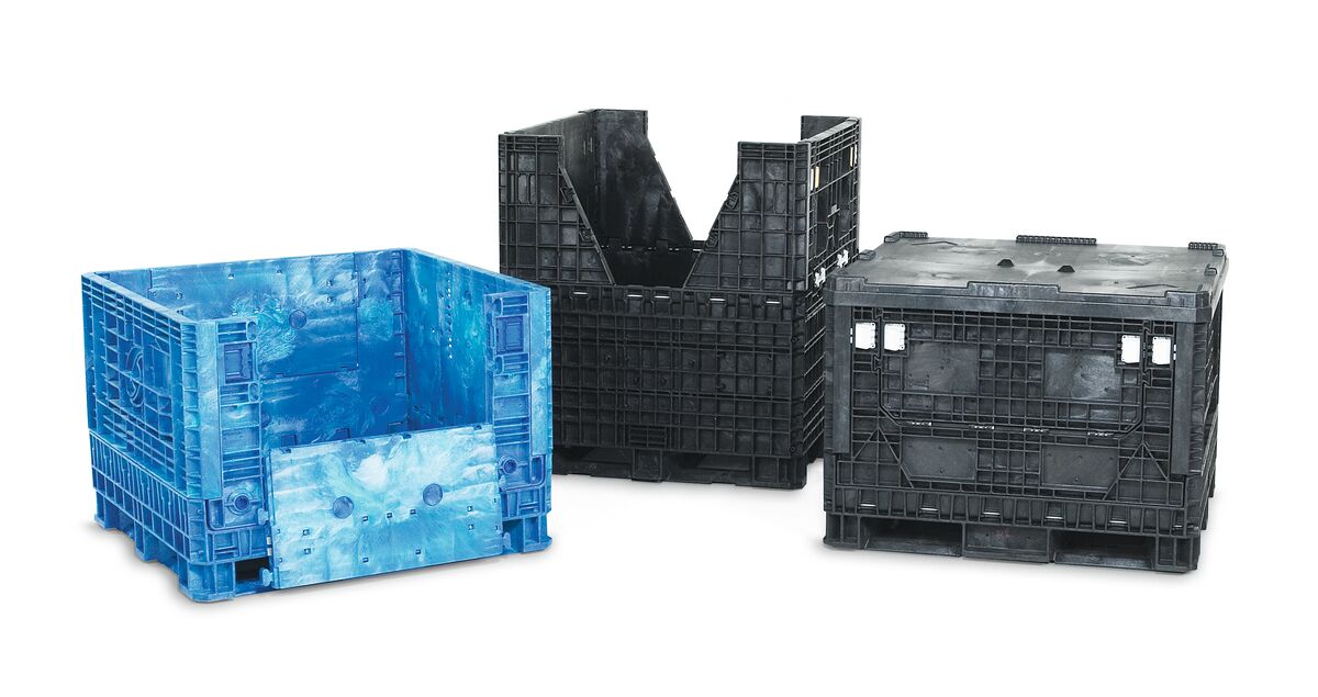 Used collapsible bulk container sizes and footprints from 32×30 through 78×48