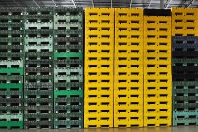 Used collapsible bulk containers in stock — Buckhorn, Orbis and mixed-brand HDPE pallet boxes