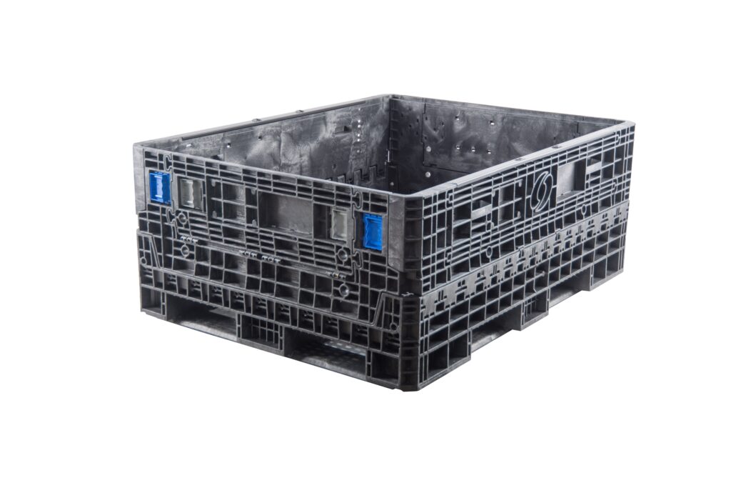 ORBIS HD6248-25 collapsible bulk container. Black container with raised walls and blue access-door latches, three-quarter view.