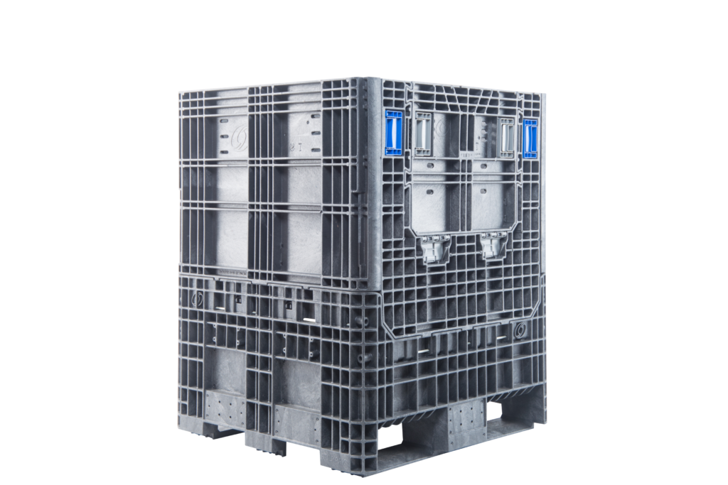 ORBIS HDR3230-39 collapsible bulk container. Black tall container with a closed access door and blue latches, three-quarter view.
