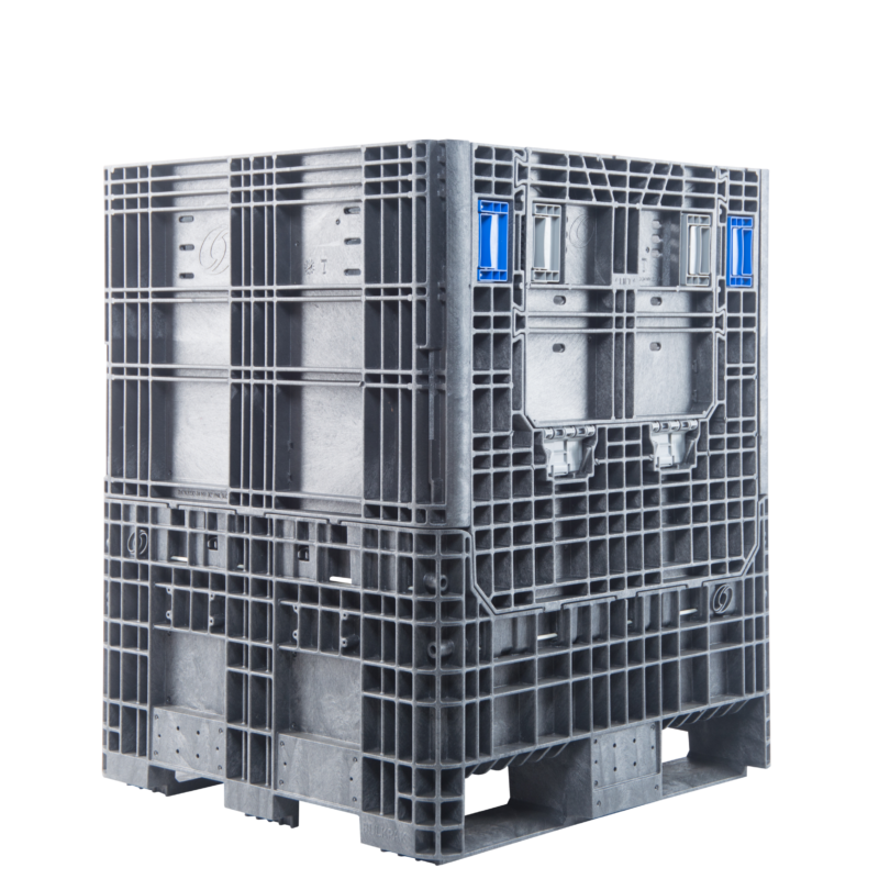 ORBIS HDR3230-39 collapsible bulk container. Black tall container with a closed access door and blue latches, three-quarter view.
