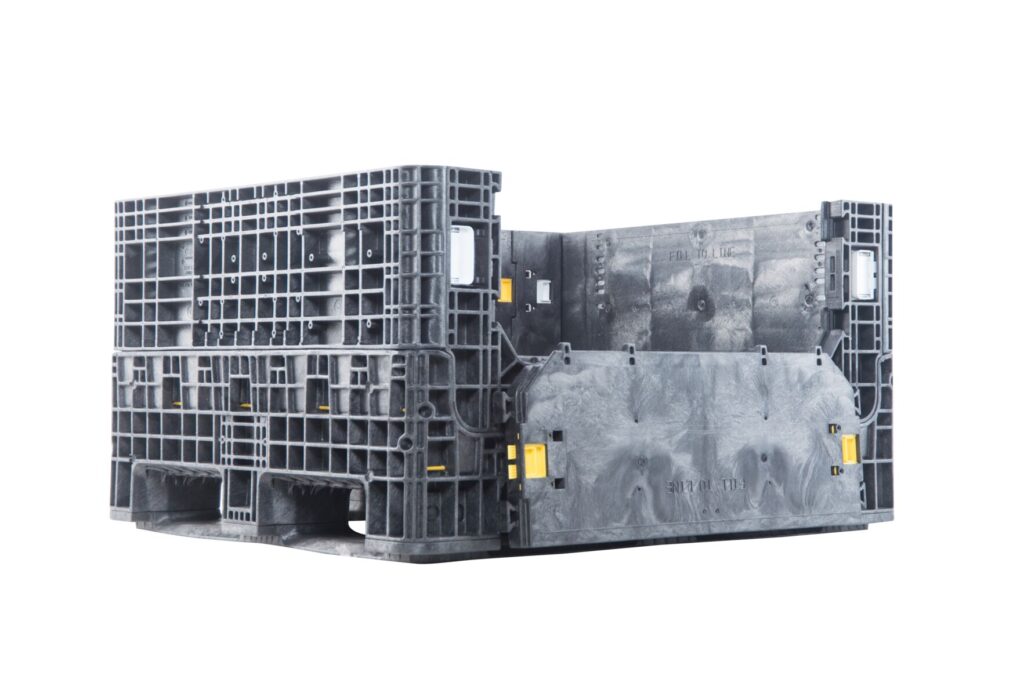 ORBIS HDR4048-25 collapsible bulk container. Black shallow container with a long-side access door lowered, three-quarter view.