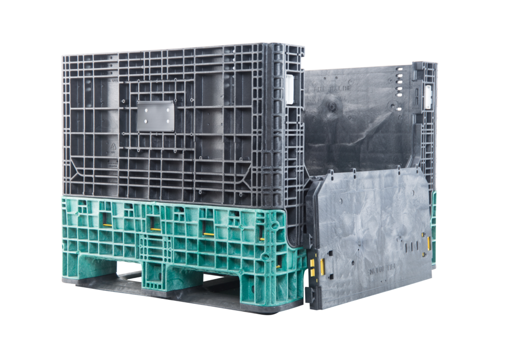 ORBIS HDR4048-34 collapsible bulk container. Black container with a green base and long-side access door lowered, three-quarter view.