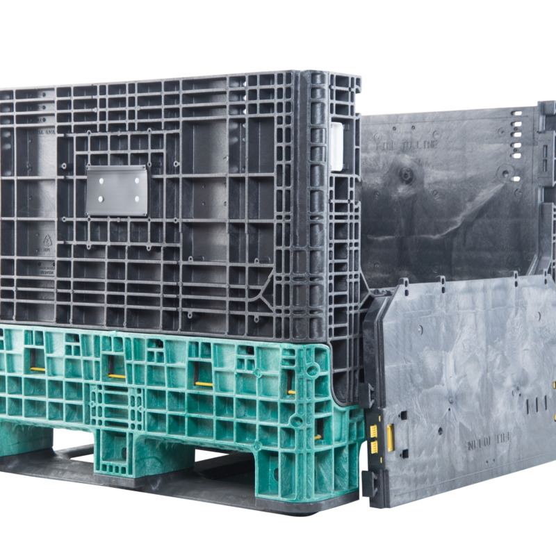 ORBIS HDR4048-34 collapsible bulk container. Black container with a green base and long-side access door lowered, three-quarter view.