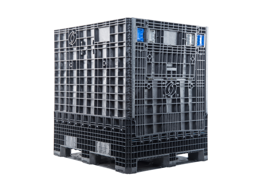 ORBIS HDR4048-50 collapsible bulk container. Black tall container with a closed access door and blue latches, three-quarter view.