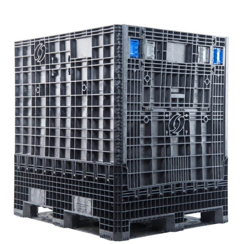 ORBIS HDR4048-50 collapsible bulk container. Black tall container with a closed access door and blue latches, three-quarter view.