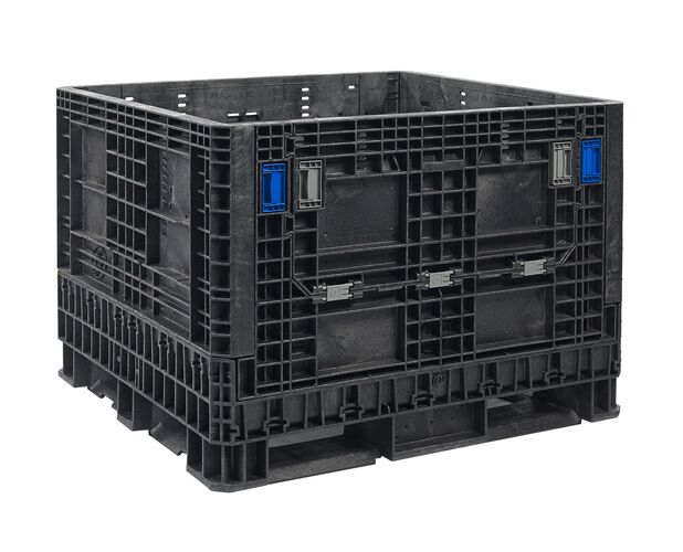 ORBIS HDR4845-34 collapsible bulk container. Black container with closed doors and blue latches, three-quarter view.