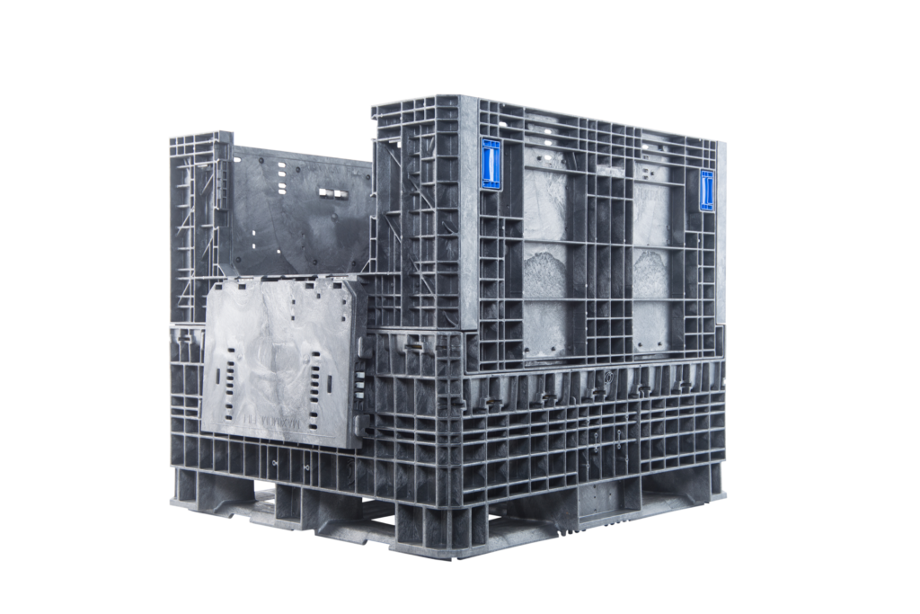 ORBIS HDR4845-42 collapsible bulk container. Black container with an access door lowered, three-quarter view.