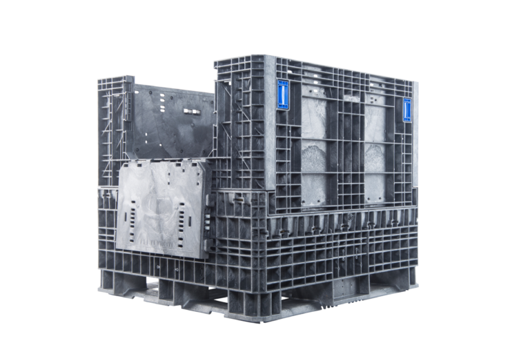 ORBIS HDR4845-42 collapsible bulk container. Black container with an access door lowered, three-quarter view.