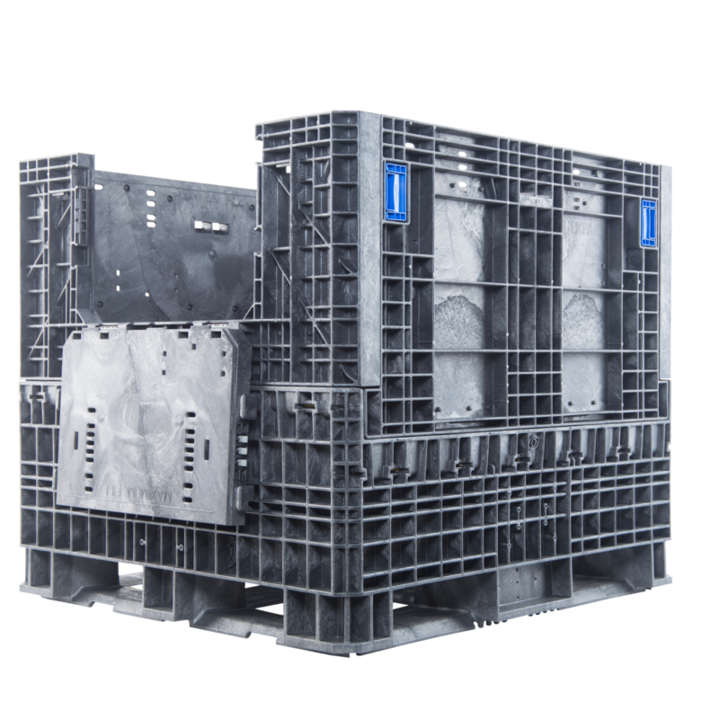 ORBIS HDR4845-42 collapsible bulk container. Black container with an access door lowered, three-quarter view.