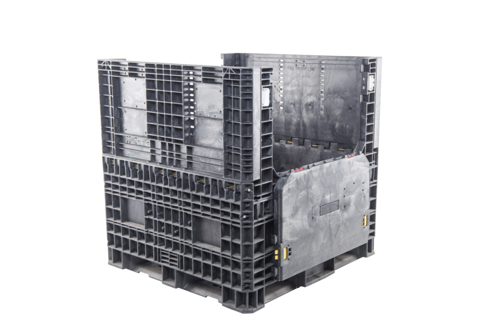 ORBIS HDR4845-48 collapsible bulk container. Black tall container with a side access door lowered, three-quarter view