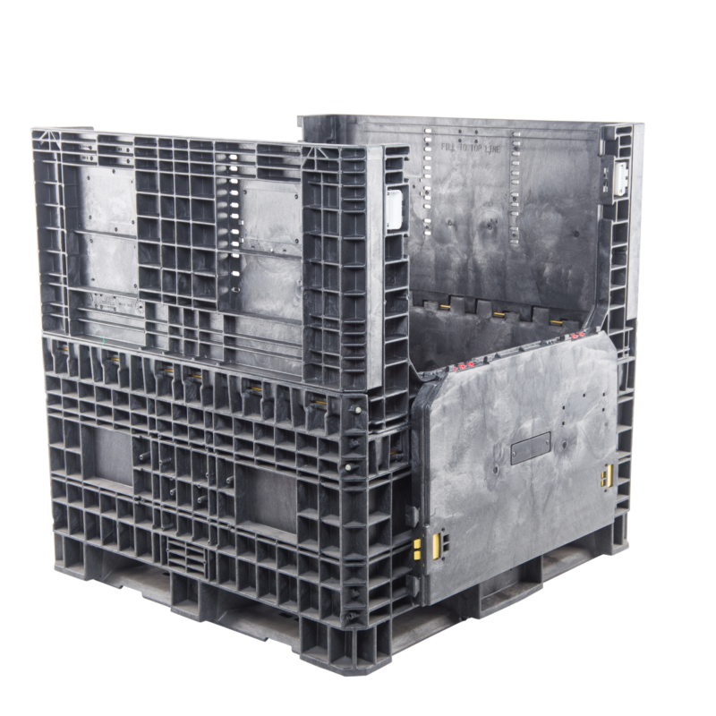 ORBIS HDR4845-48 collapsible bulk container. Black tall container with a side access door lowered, three-quarter view