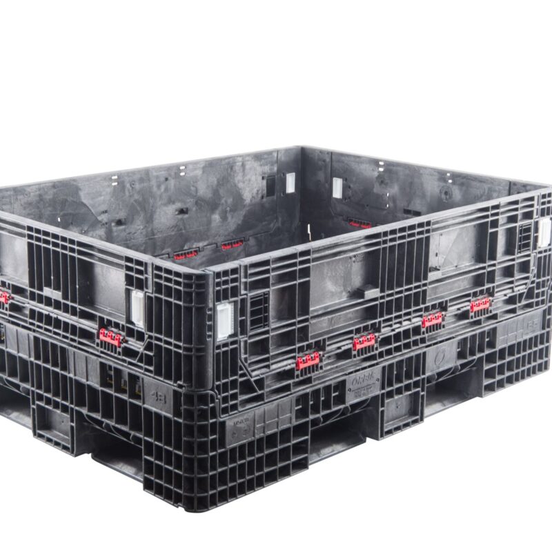 ORBIS HDR6548-25 collapsible bulk container. Black shallow container with doors closed and red hinges, three-quarter view.