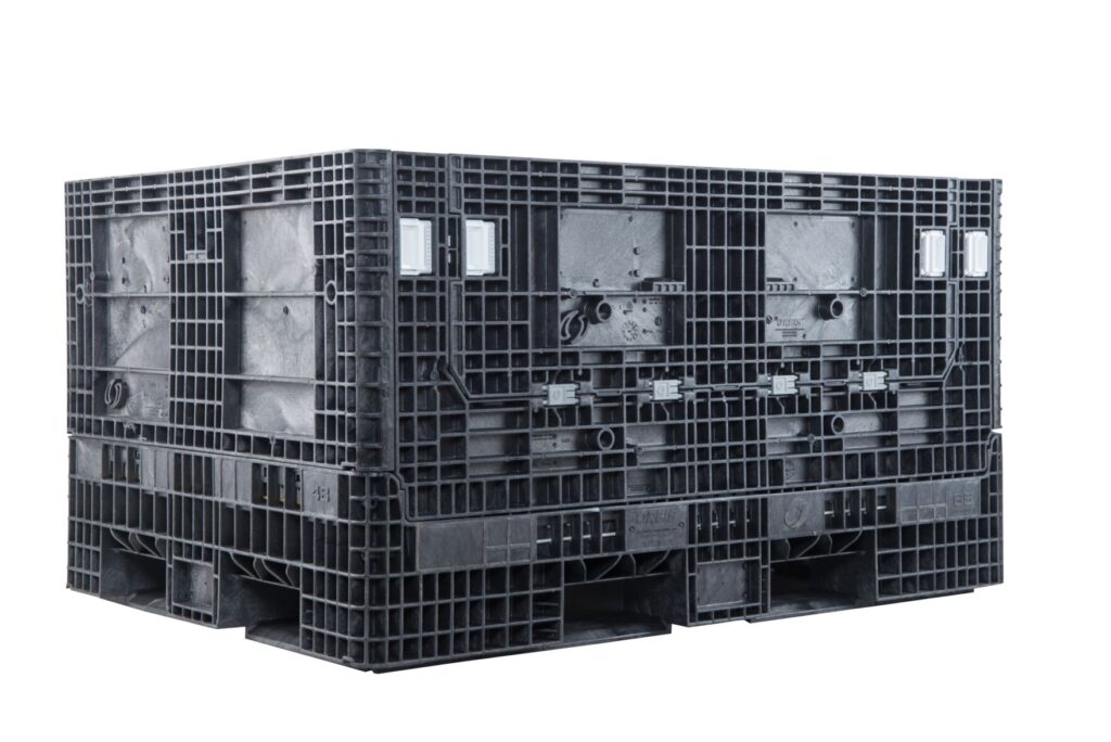 ORBIS HDR6548-34 collapsible bulk container. Black container with doors closed and white latches, three-quarter view.