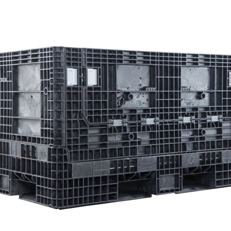 ORBIS HDR6548-34 collapsible bulk container. Black container with doors closed and white latches, three-quarter view.