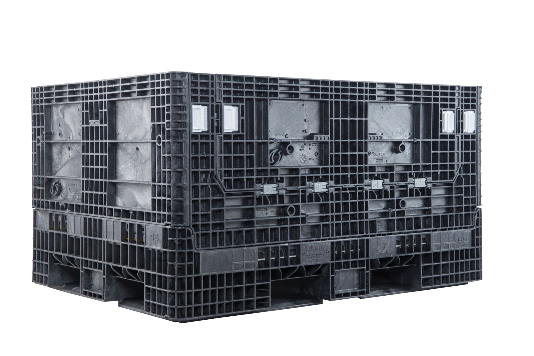 ORBIS HDR6548-34 collapsible bulk container. Black container with doors closed and white latches, three-quarter view.