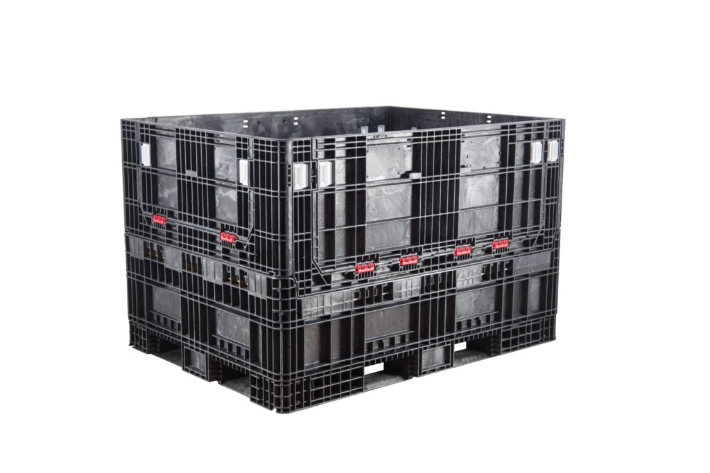 ORBIS HDR6548-42 collapsible bulk container. Black container with closed access doors and red hinges, three-quarter view