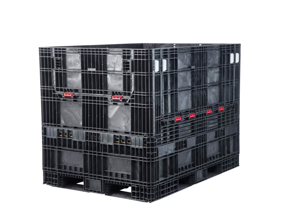ORBIS HDR6548-50 collapsible bulk container. Black tall container with closed access doors and red hinges, three-quarter view.