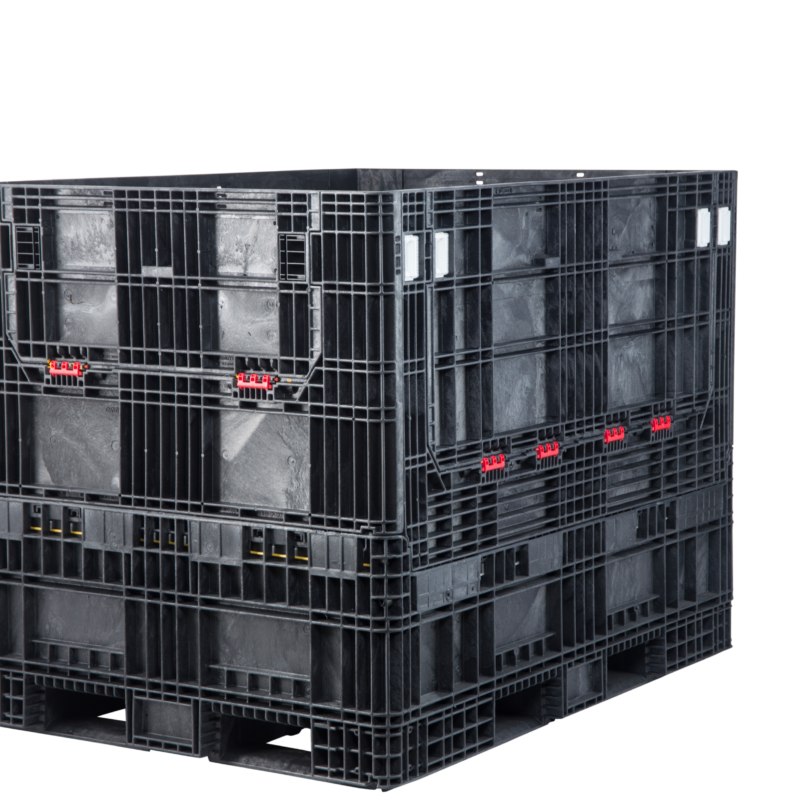 ORBIS HDR6548-50 collapsible bulk container. Black tall container with closed access doors and red hinges, three-quarter view.
