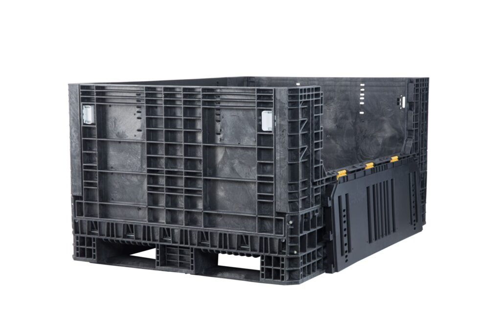 ORBIS HDR7048-34 collapsible bulk container. Black container with a side access door lowered, three-quarter view.