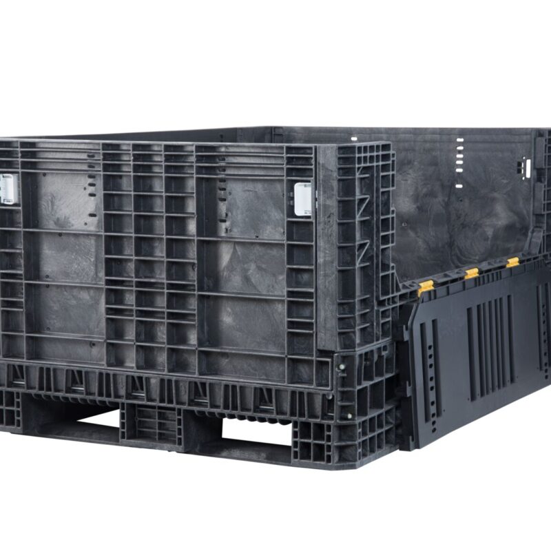 ORBIS HDR7048-34 collapsible bulk container. Black container with a side access door lowered, three-quarter view.