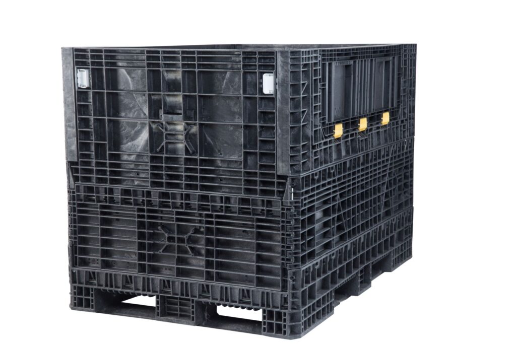 ORBIS HDR7048-50 collapsible bulk container. Black tall container with closed doors and yellow hinges, three-quarter view.