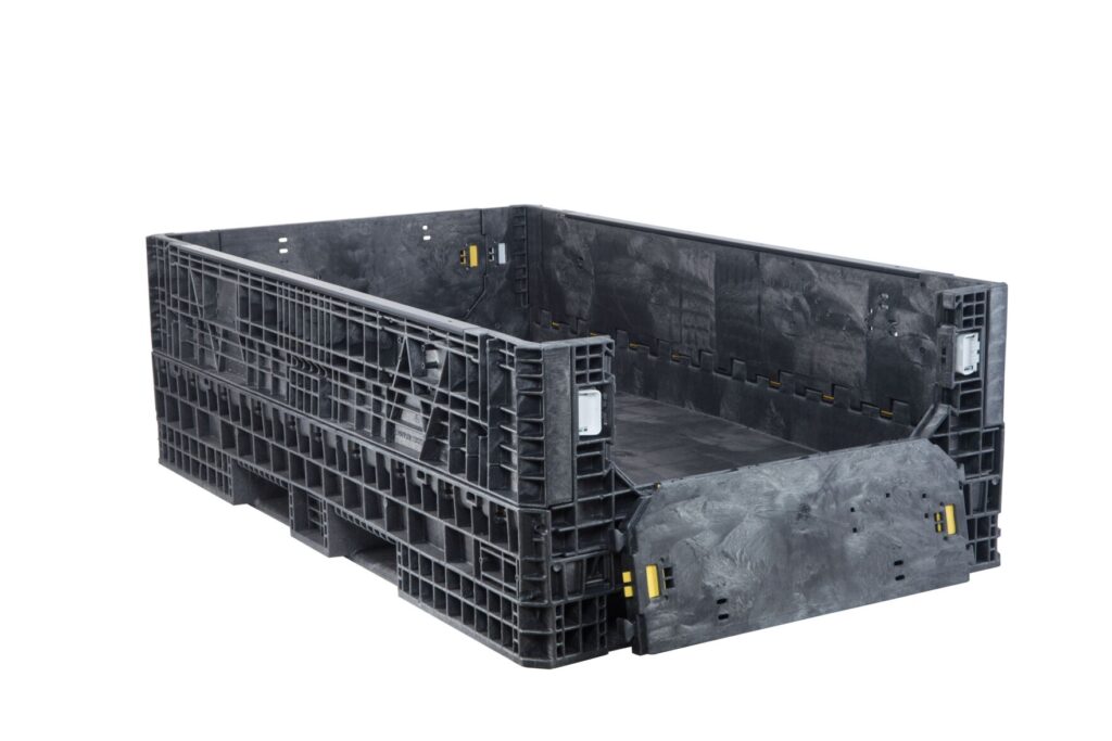 ORBIS HDR7848-25 collapsible bulk container. Black wide container with a short-side access door lowered, three-quarter view.