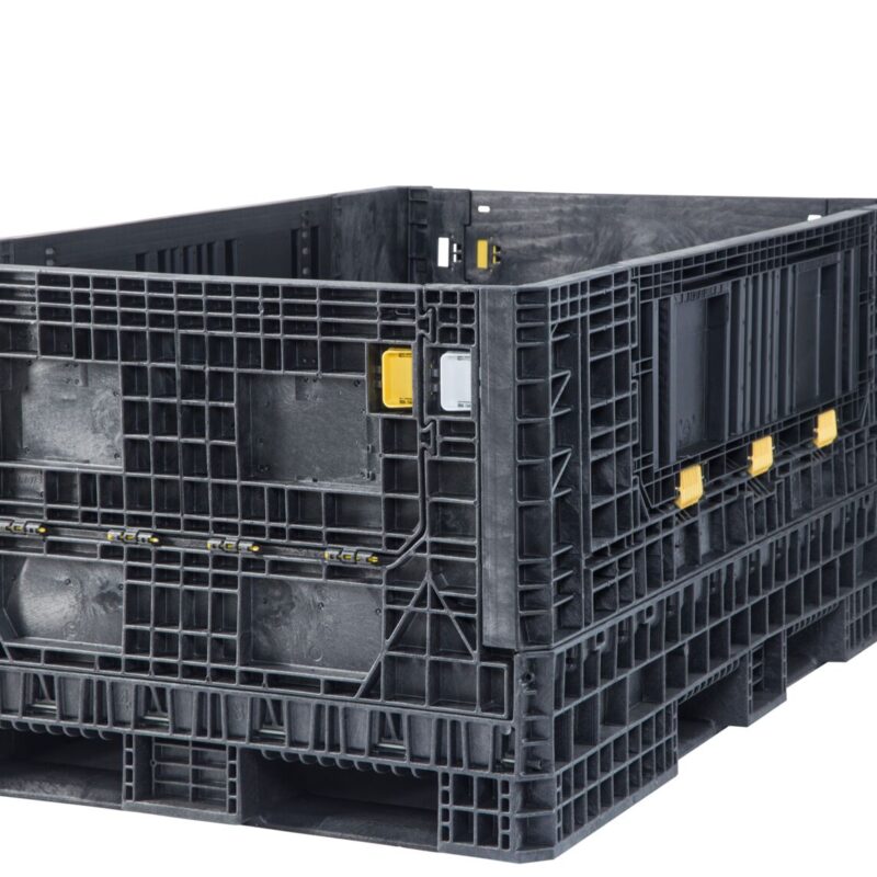 ORBIS HDR7848-34 collapsible bulk container. Black wide container with closed doors and yellow latches, three-quarter view.