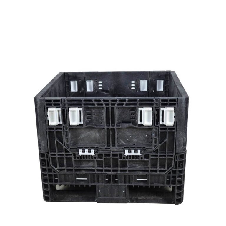 Used black 32 by 30 by 25 inch collapsible bulk container with white handles