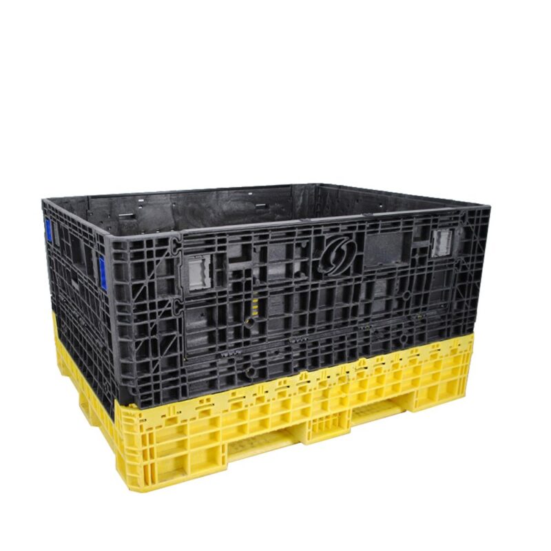 Used collapsible bulk container with black walls and a yellow base, shown upright.