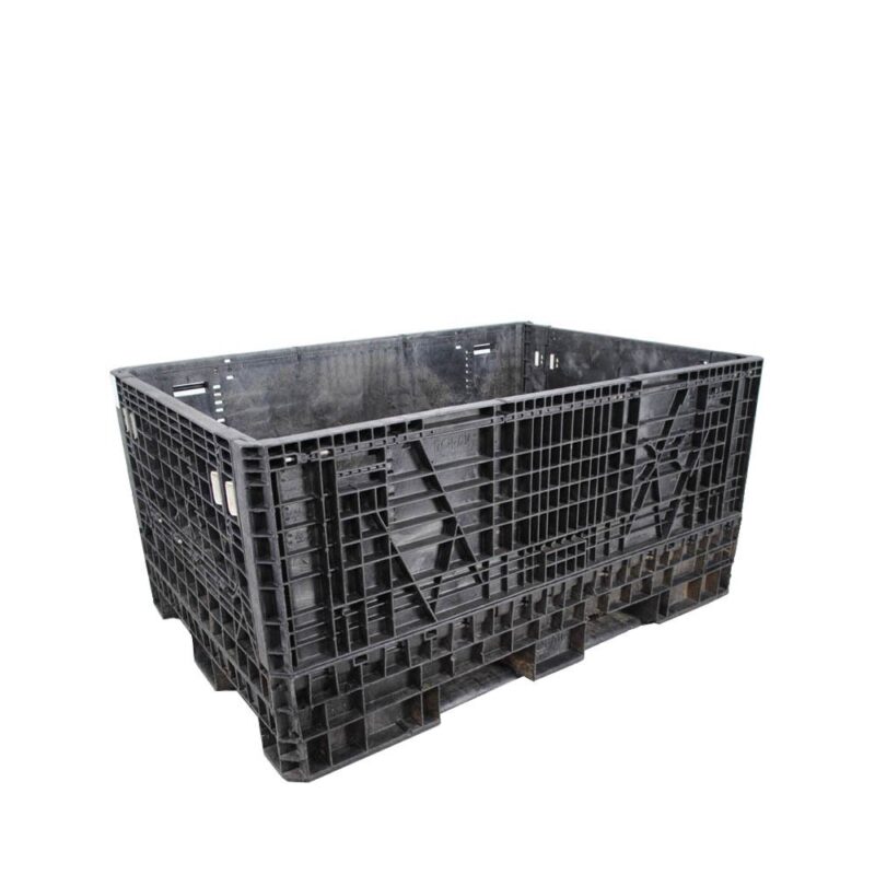 Used black collapsible bulk container shown upright with the access door closed.